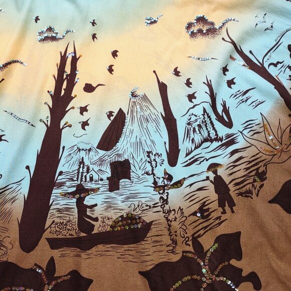 Lapis Full Circle Skirt Sequins Beautiful Asian Art Design Retro Inspo  Sz Large - Picture 6 of 9